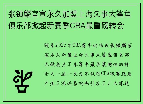 张镇麟官宣永久加盟上海久事大鲨鱼俱乐部掀起新赛季CBA最重磅转会
